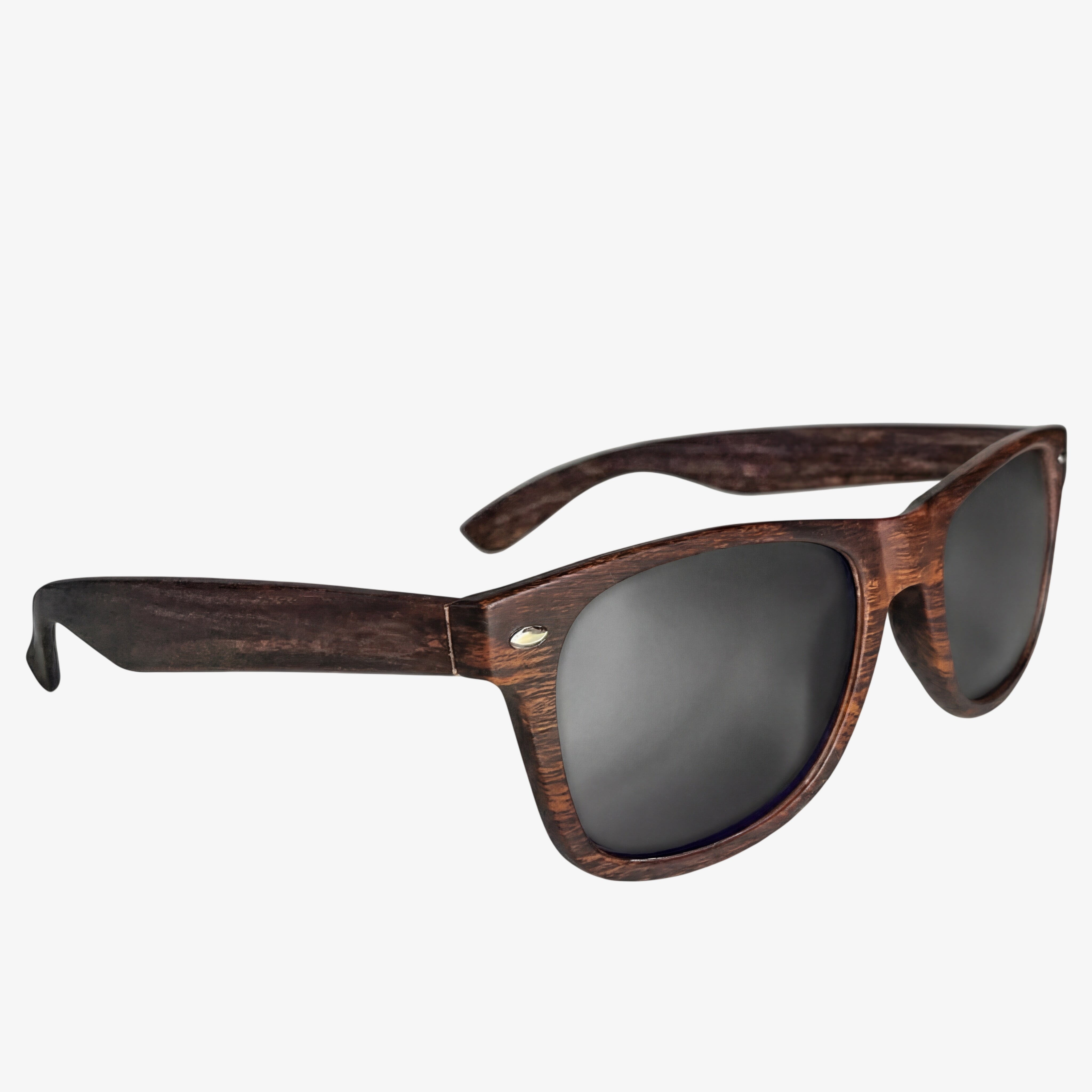 Wooden-framed sunglasses with dark lenses on a white background